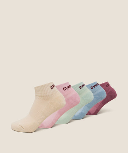 Gymshark Quarter Socks 5pk - Reset Pink/Cloud Pink/Stone Beige/Bench Blue/Clay Green